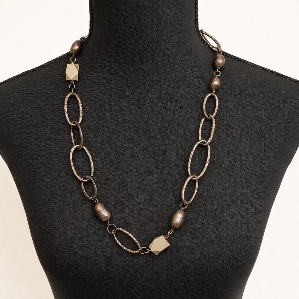 Sigrid Olsen Brass Tone Link Necklace Geometric Bead Boho